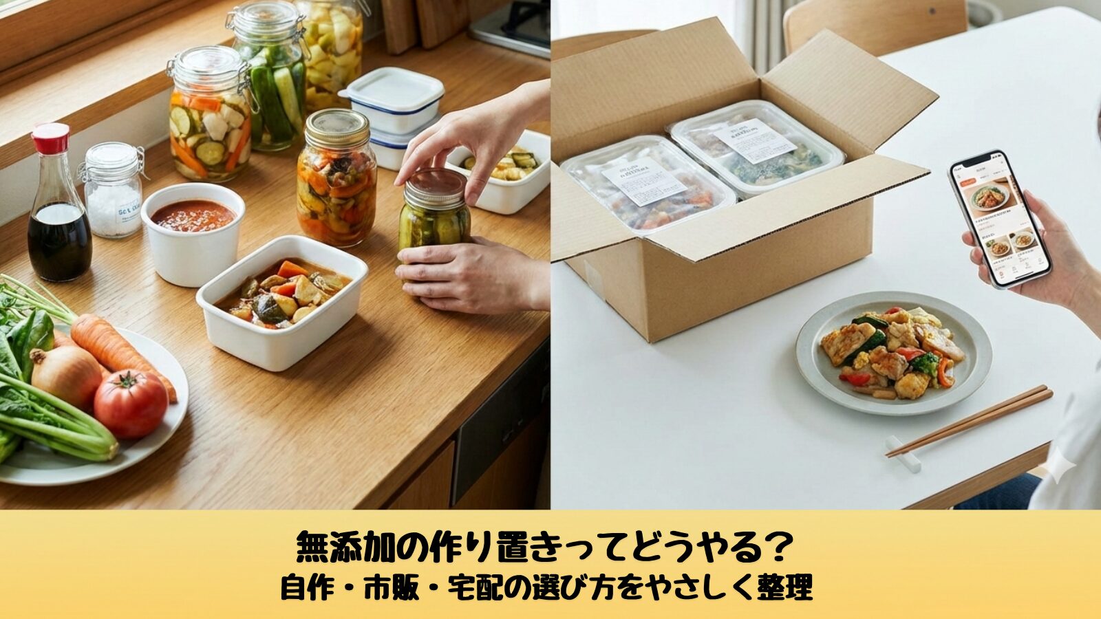 自作の無添加作り置きと、宅配で届いた無添加のおかずを比較している食卓の様子