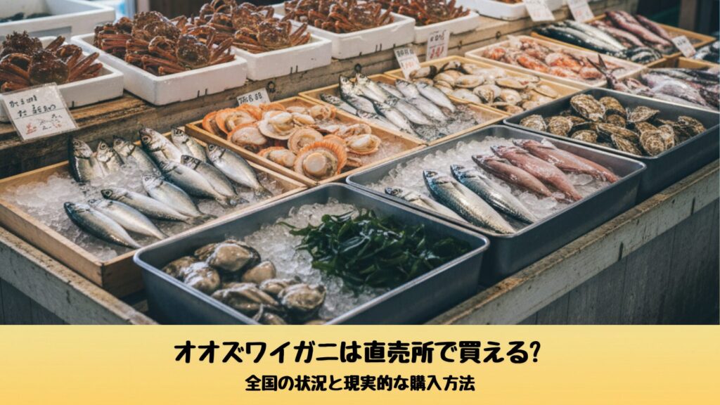漁港の直売所に並ぶ鮮魚や貝類の売り場。カニは少量で、オオズワイガニが常時並ぶわけではない雰囲気が伝わる写真